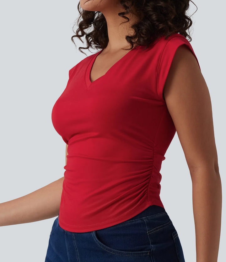 V Neck Cap Sleeve Curved Hem Ruched Casual T-Shirt