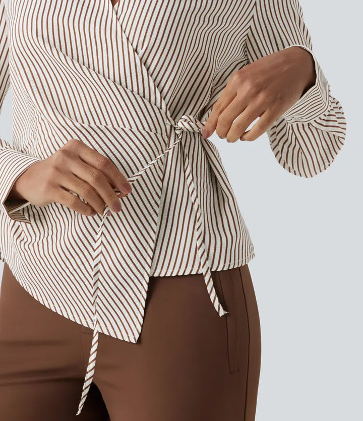 Long Sleeve Wrapped Tie Side Stripe Work Shirt