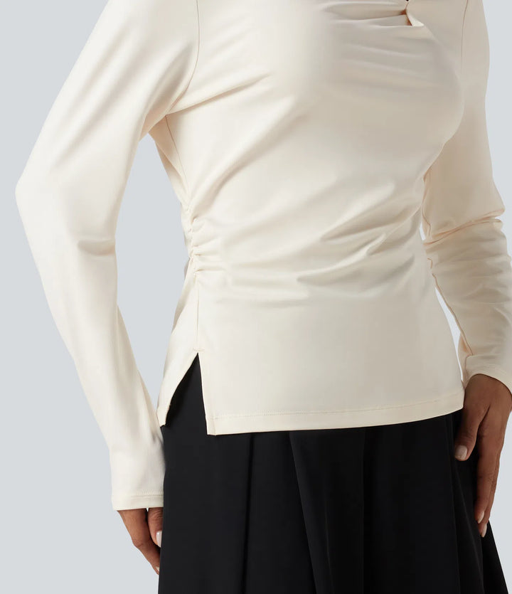 Asymmetric Cowl Neck Long Sleeve Ruched Slit Hem Work Blouse