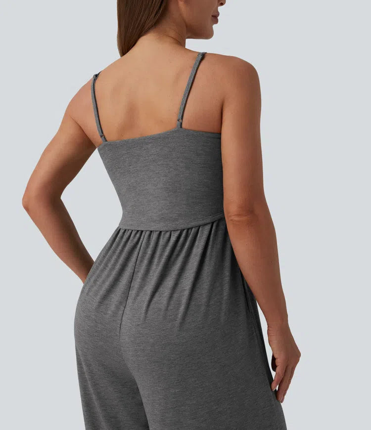 Adjustable Straps Ruched Wide Leg Heathered Casual Jumpsuit with Pockets-Easy Peezy