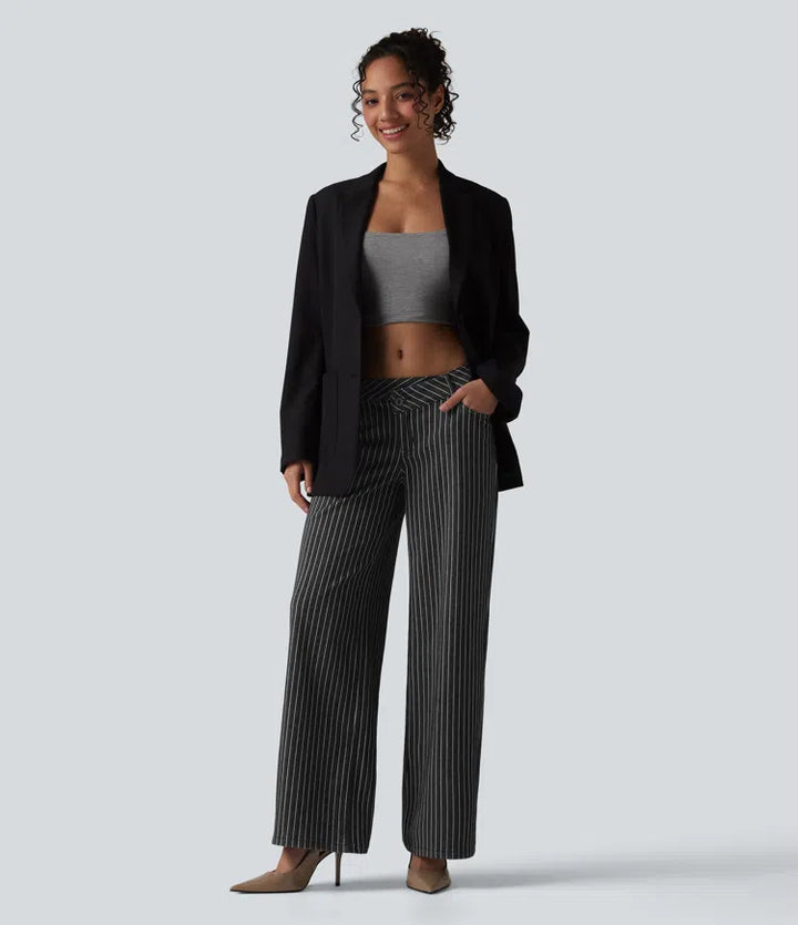 Halara Flex Asymmetric Low Rise Wide Leg Stripe Work Jeans with Pockets