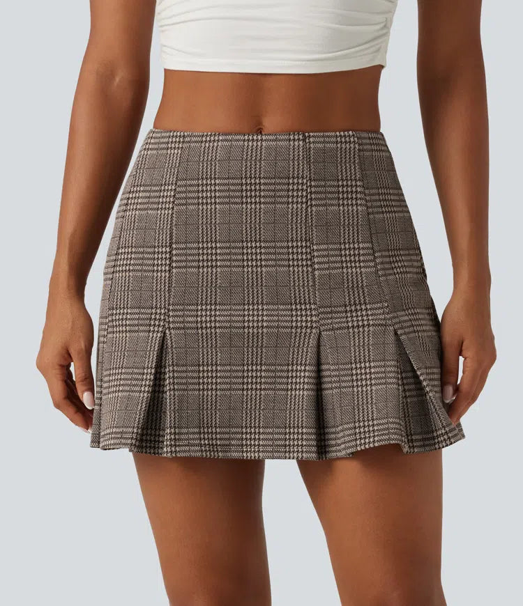 High Waisted 2-in-1 Pleated A Line Houndstooth Plaid Mini Work Skirt with Pockets