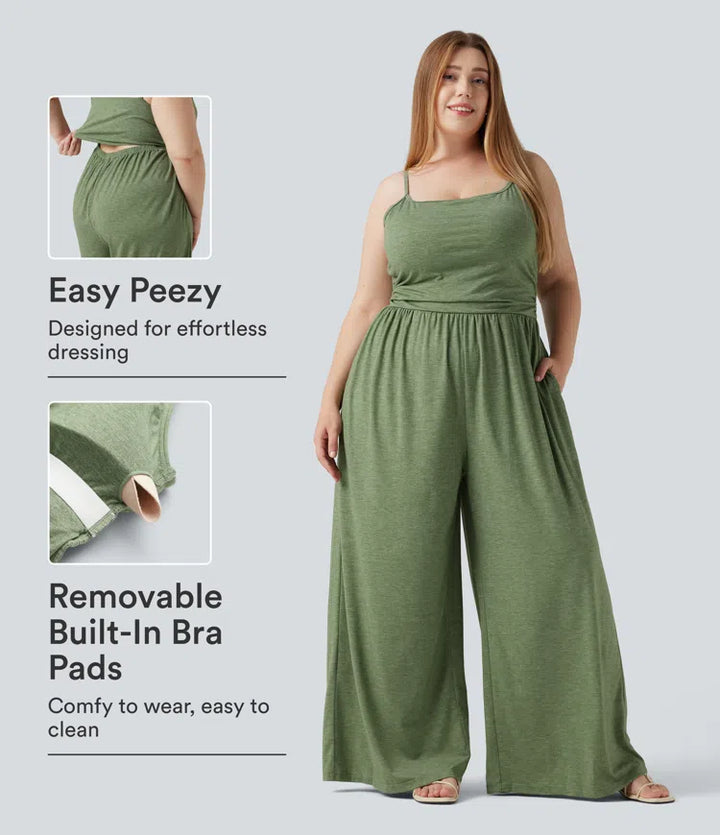 Plus Size Built-in Bra Ruched Wide Leg Heathered Casual Jumpsuit with Pockets-Easy Peezy Edition