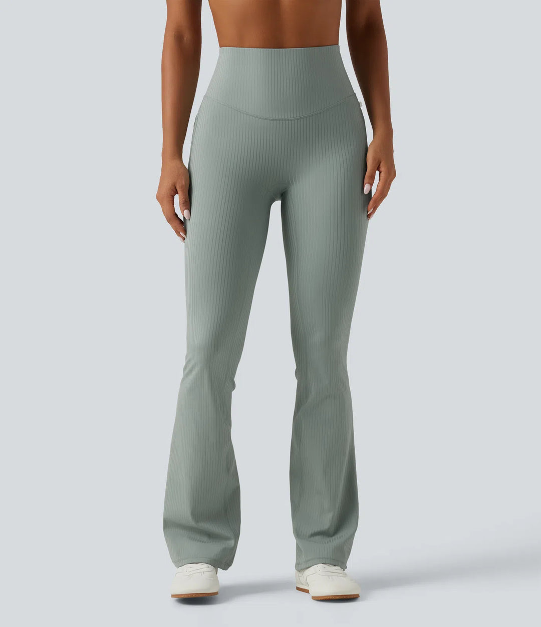 Ribbed Knit High Waisted Tummy Control Bootcut Workout Leggings with Pockets