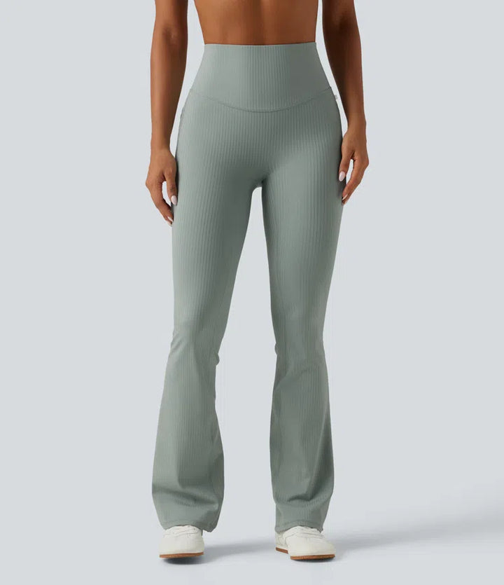 Ribbed Knit High Waisted Tummy Control Bootcut Workout Leggings with Pockets