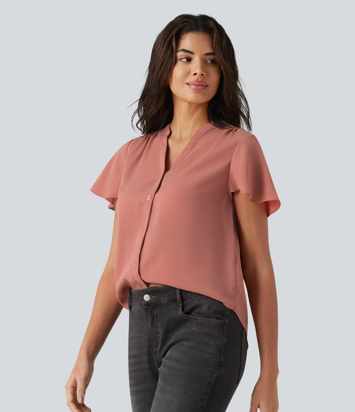 V-neck Flounce Sleeve Curved Hem Casual Blouse