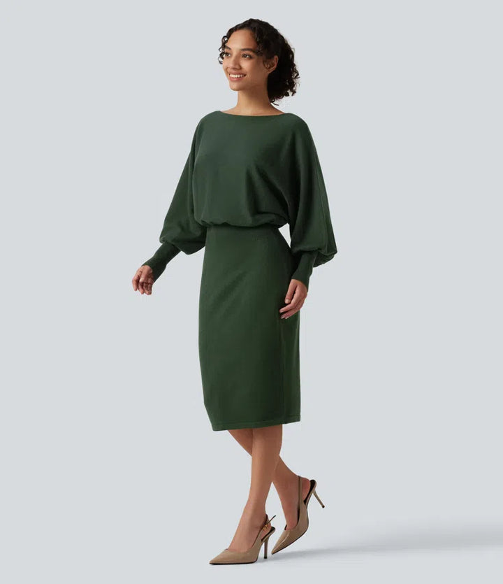 Boat Neck Puff Long Sleeve Work Sweater Dress
