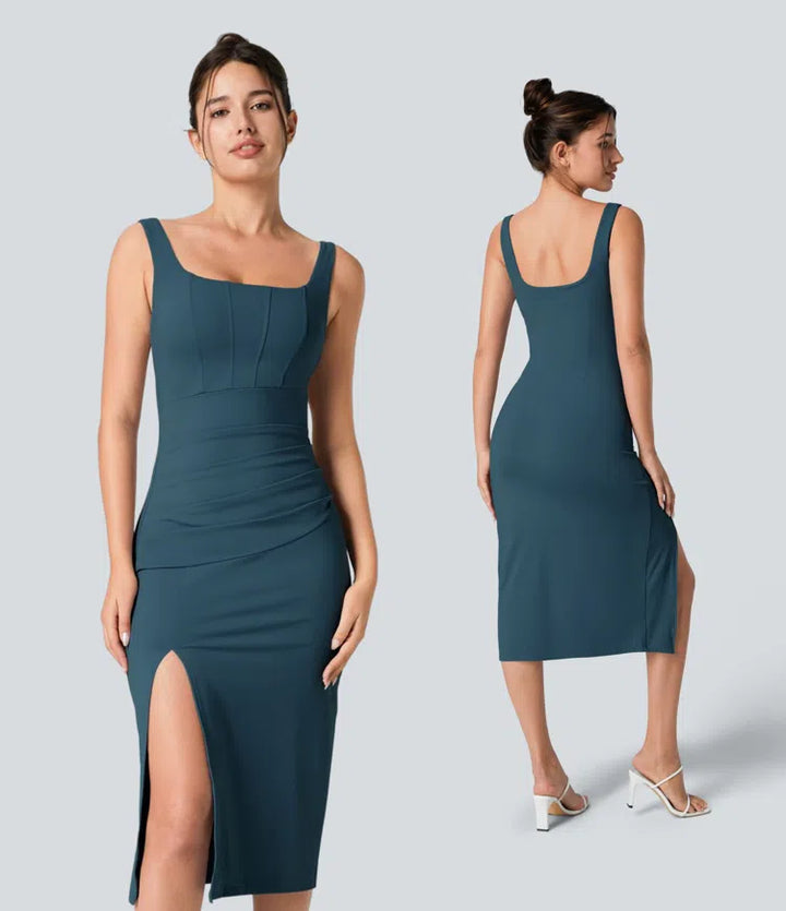 SoftlyZero Airy Square Neck Backless Corset Ruched Split Bodycon Midi InstantCool Bridesmaid and Wedding Guest Dress