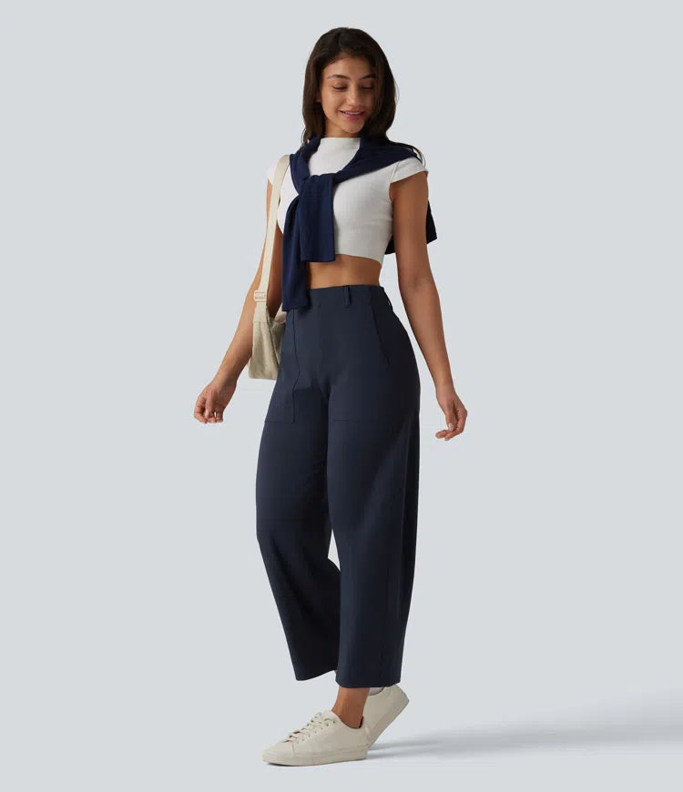 DayStretch High Waisted Barrel Leg Casual Pants with Pockets
