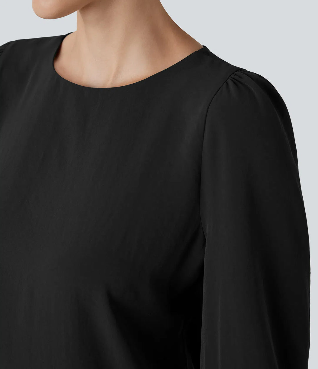 Boat Neck Keyhole Back Bishop Sleeve Work Linen-Feel Blouse