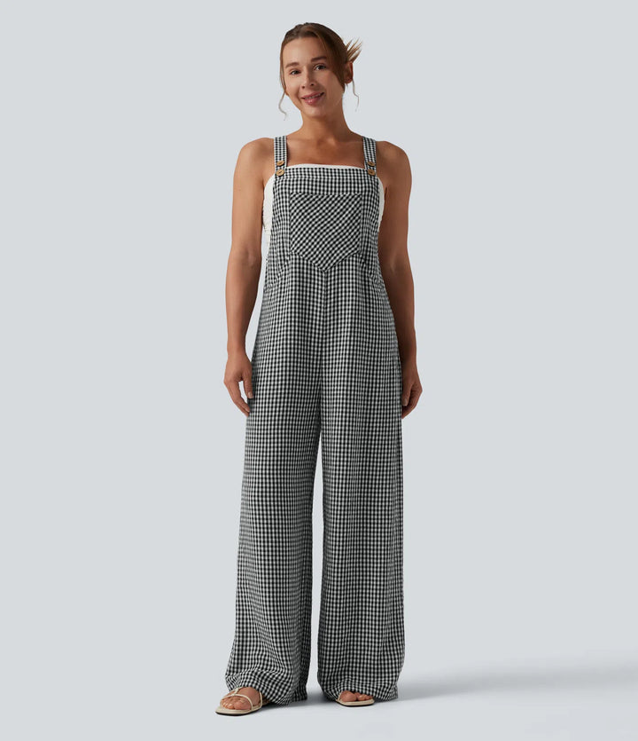 Plaid Casual Linen-Feel Overalls with Pockets