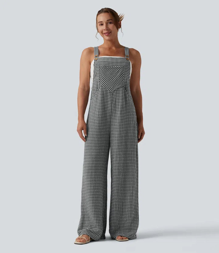 Plaid Casual Linen-Feel Overalls with Pockets