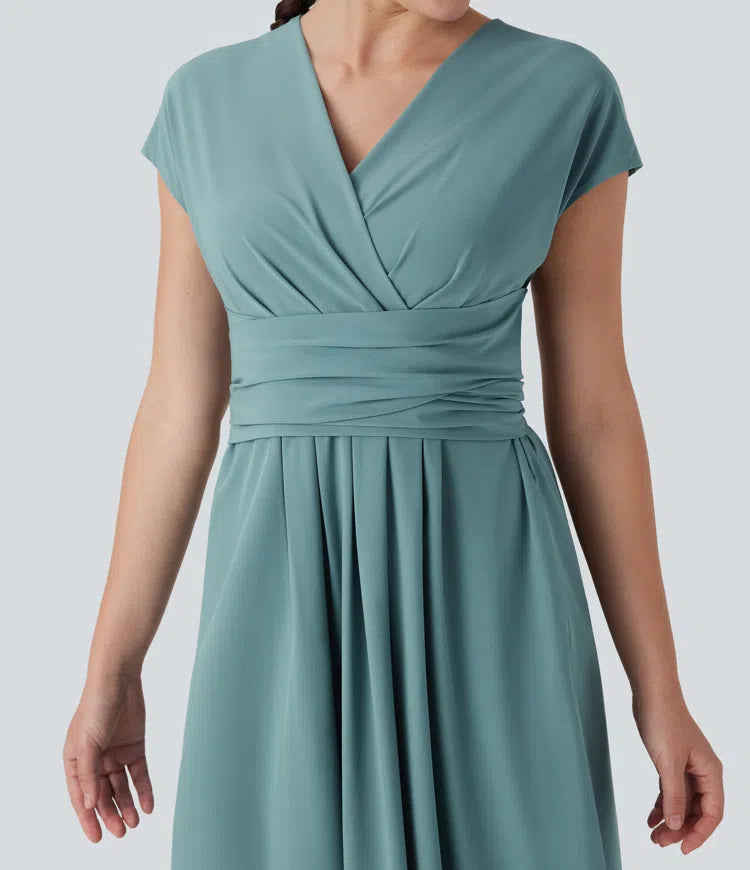 Breezeful V Neck Short Sleeve Pocket Tie Back Quick Dry Midi Casual Dress
