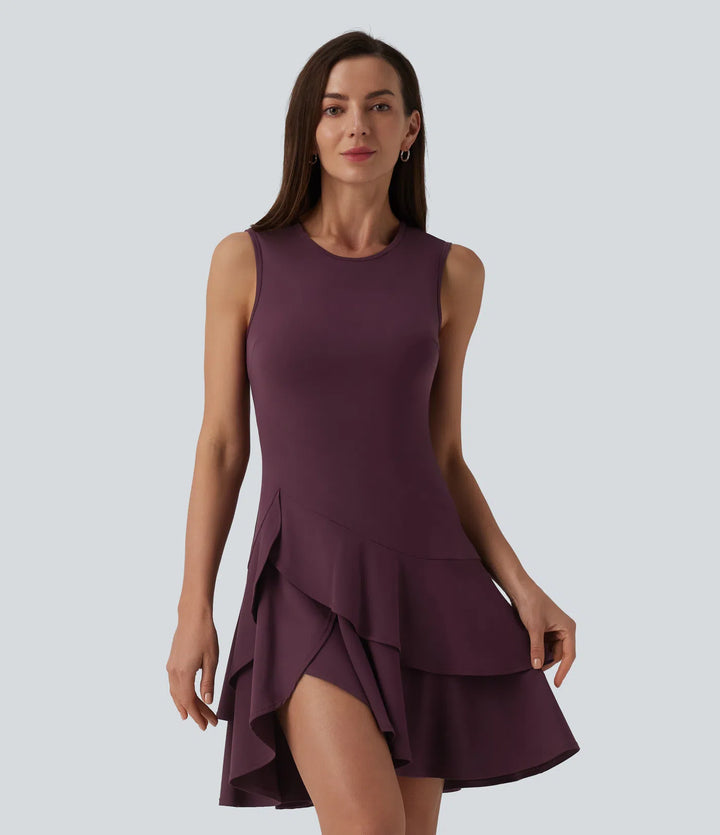 SoftlyZero Airy Round Neck Sleeveless Layered Ruffle Hem InstantCool Mini Casual Dress