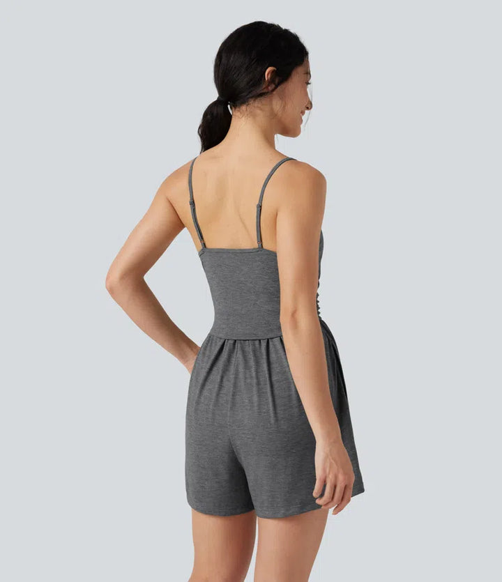 Built-in Bra Ruched 2-in-1 Heathered Casual Romper with Pockets-Easy Peezy Edition