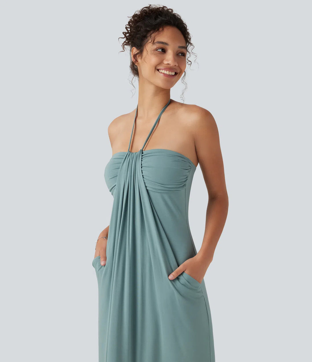Halter Tie Back Built-in Bra Maxi Dress with Pockets