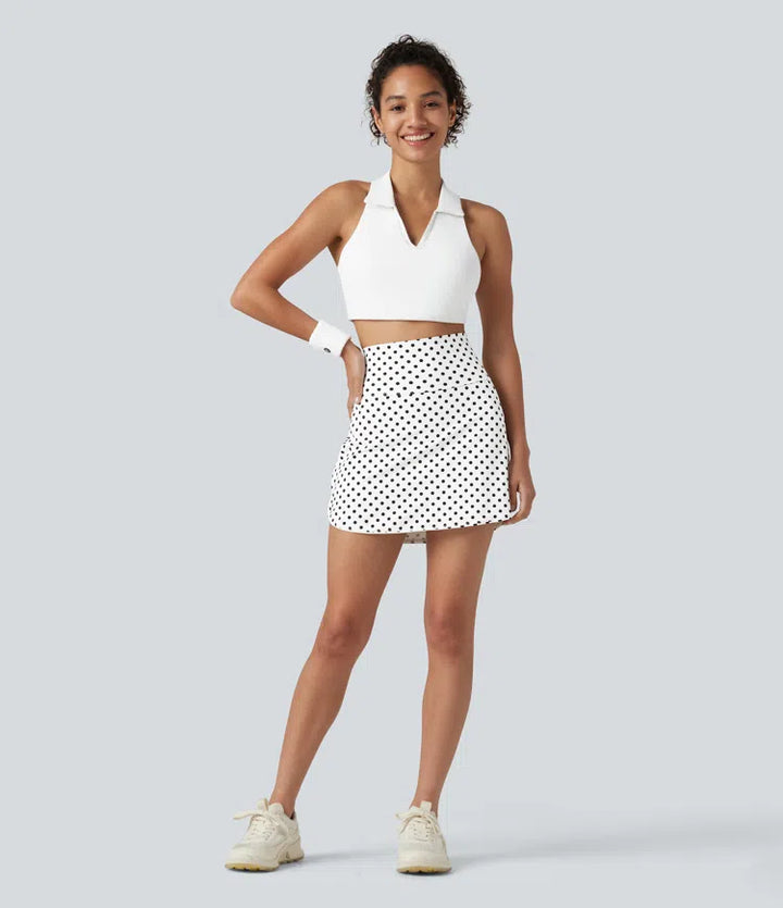 Ultra High-Waist Tummy Control Curved Hem 2-in-1 Polka Dot Golf Mini Skirt with Pockets