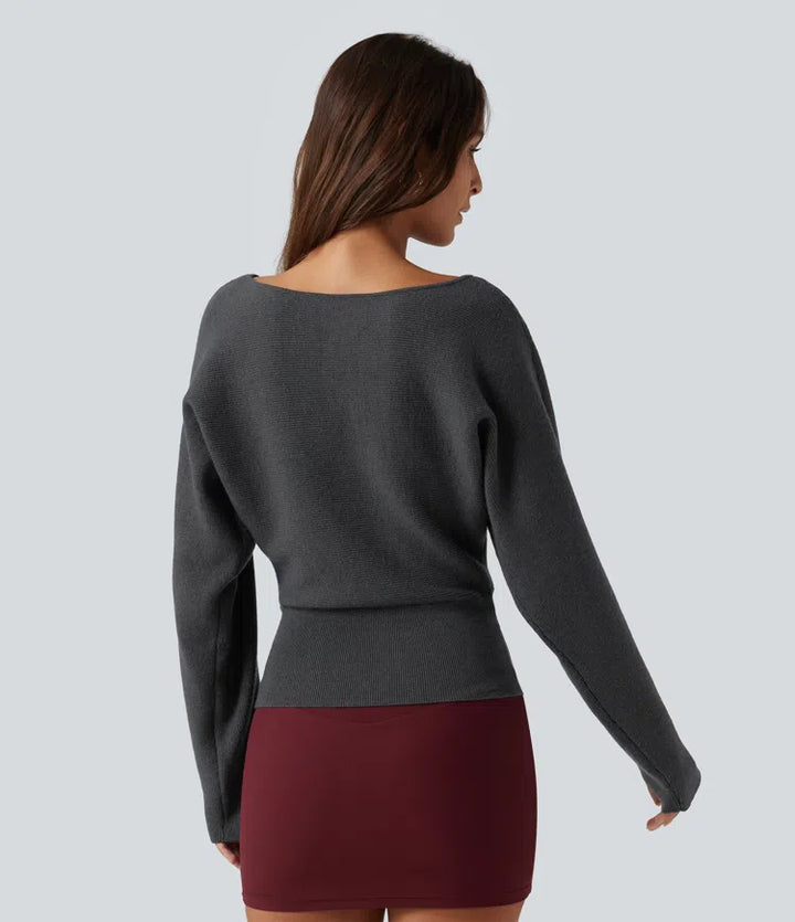 Boat Neck Batwing Long Sleeve Thumb Hole Work Sweater