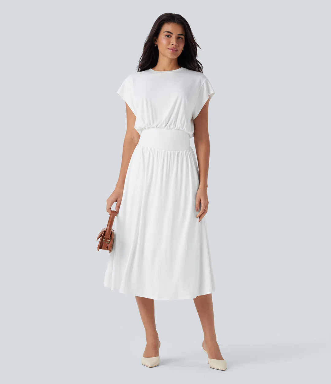 Tummy Control Batwing Sleeve Flowy Midi Work Dress with Pockets