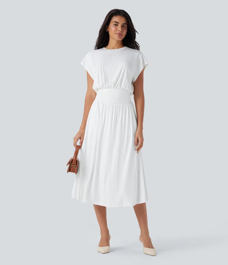 Tummy Control Batwing Sleeve Flowy Midi Work Dress with Pockets