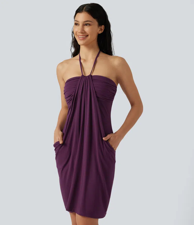 Halter Tie Back Built-in Bra Mini Resort Dress with Pockets