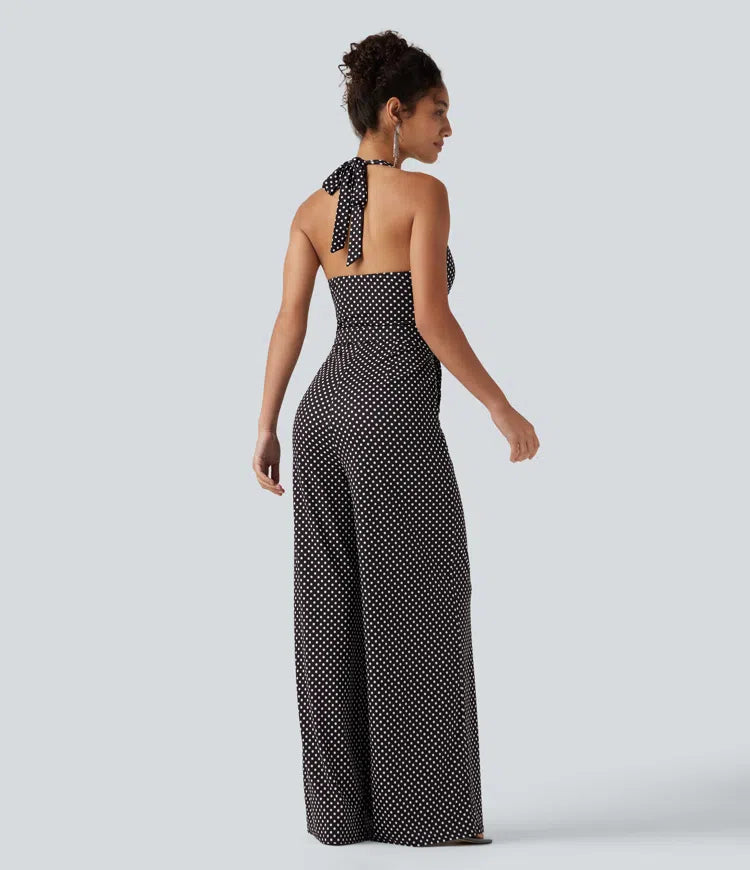 Halter Sleeveless Backless Built-in Bra Polka Dot Print Resort Jumpsuit with Pockets-Easy Peezy