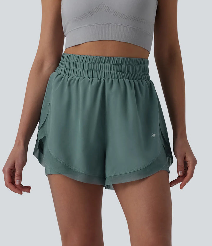 High Waisted Contrast Mesh 2-in-1 Running Shorts with Pockets