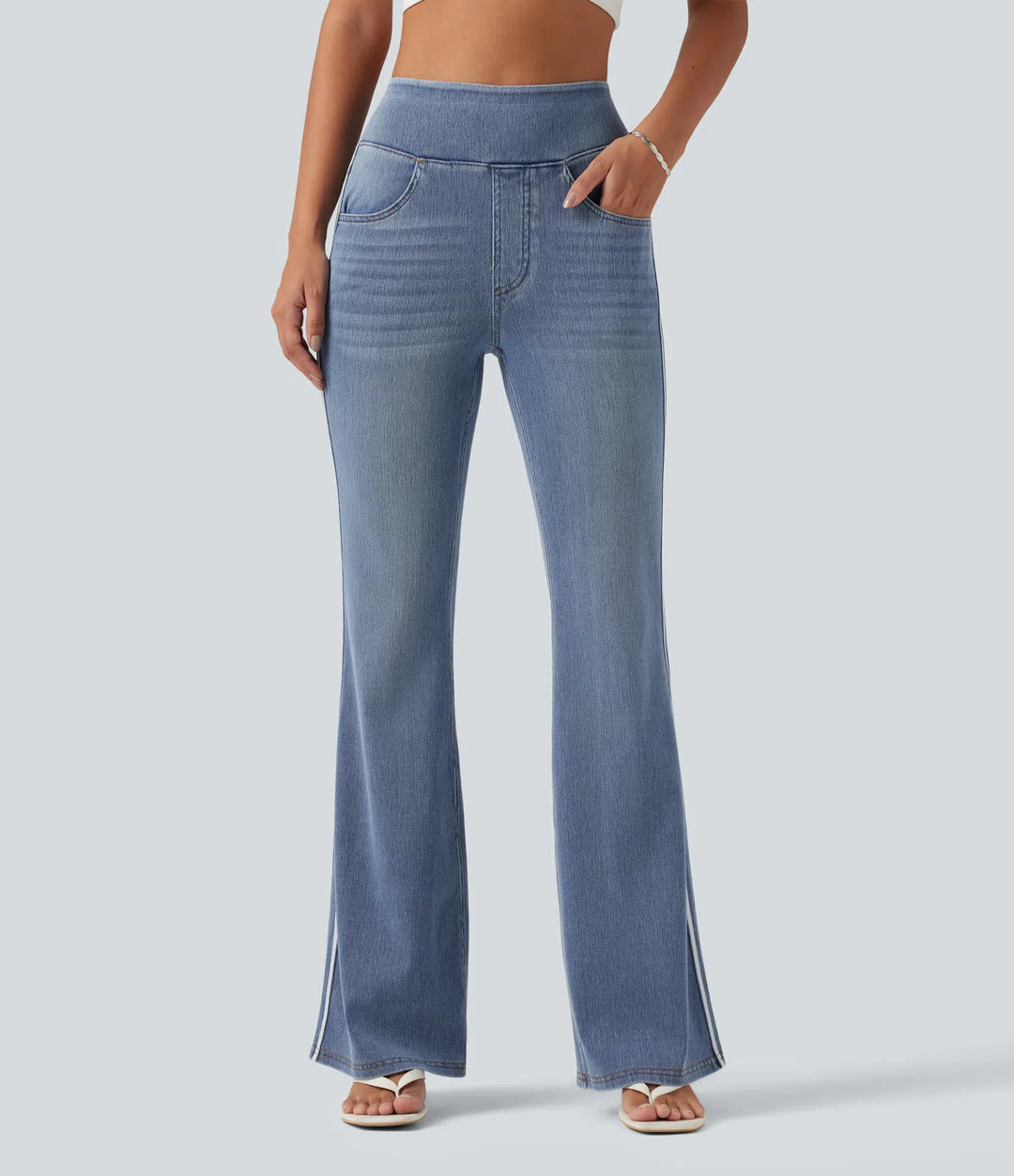 Halara Flex High Waisted Stripe Flare Washed Casual Jeans with Pockets
