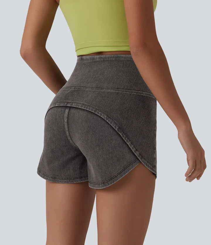 Halara Flex High Waisted Tummy Control Curved Hem Skinny Denim Casual Shorts with Pockets