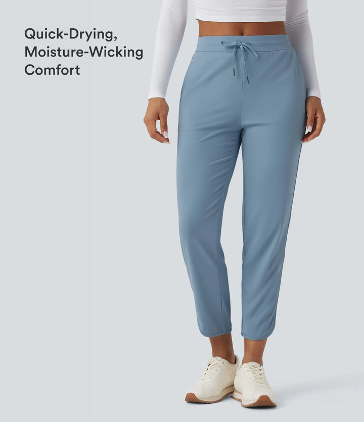 Mid Rise Drawstring Curved Hem Quick Dry Golf Tapered Pants with Pockets-UPF40+