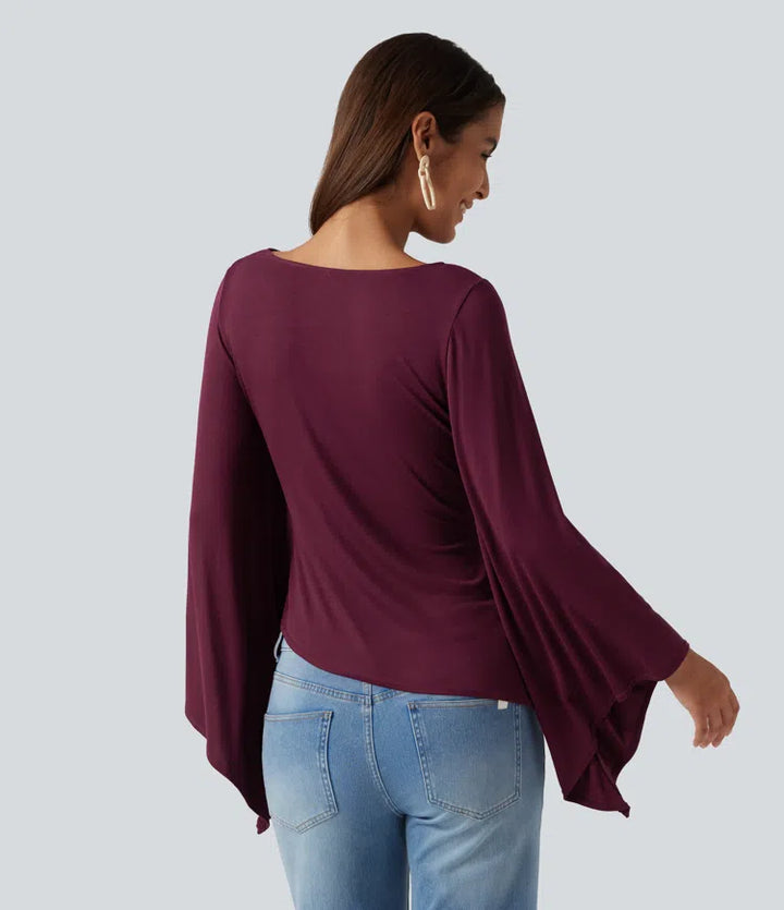 Ribbed Boat Neck Asymmetric Flounce Long Sleeve Ruched Casual Top