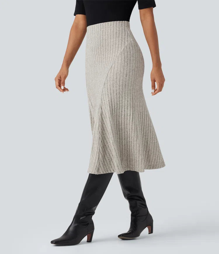 Ribbed Knit High-waisted Midi Casual A-line Skirt