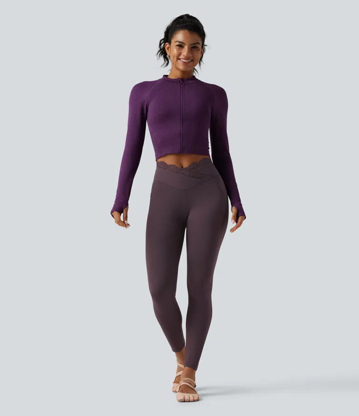 SoftlyZero High Waisted Crossover Contrast Lace Yoga Leggings with Pockets