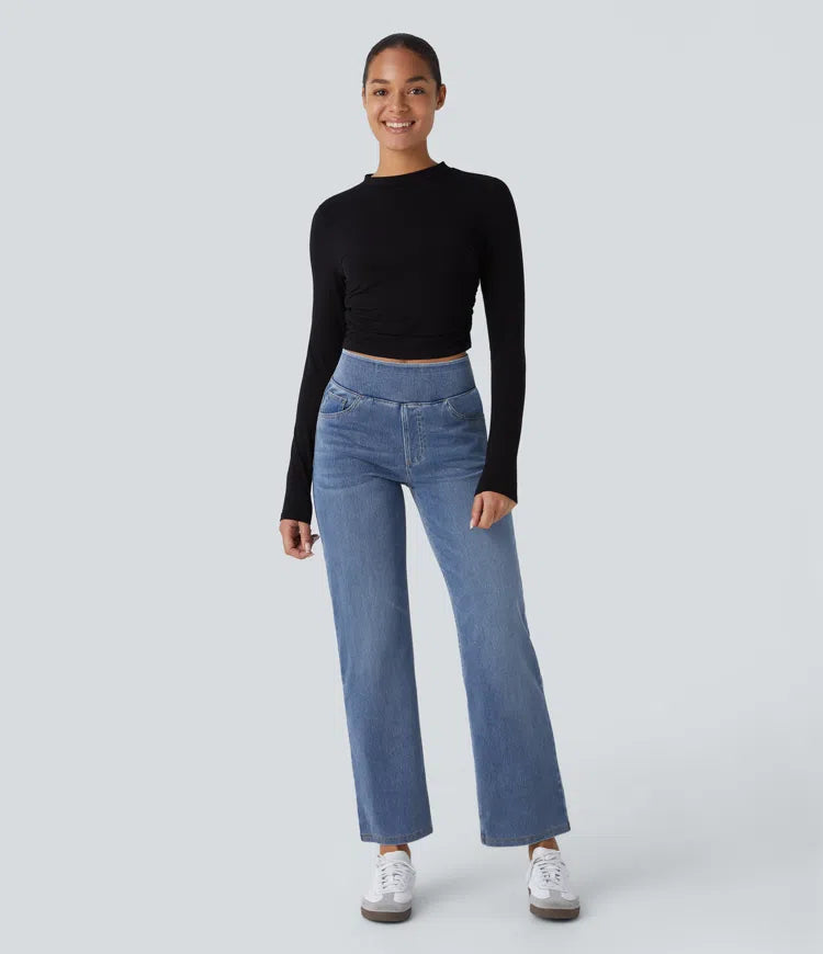Halara Flex High Waisted Pockets Straight Leg Washed Casual Jeans