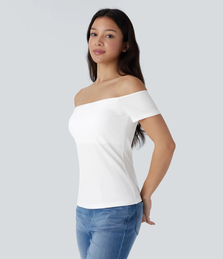 Ribbed Knit Off Shoulder Short Sleeve 2-in-1 Casual Top