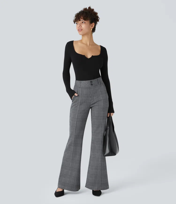 Halara Flex High Waisted Decorative Pocket Houndstooth Plaid Work Flare Pants