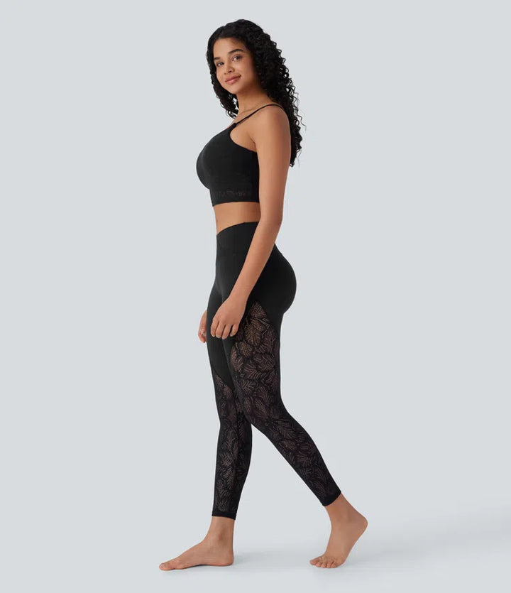 SoftlyZero High Waisted Crossover Pocket Contrast Lace 7/8 Yoga Leggings