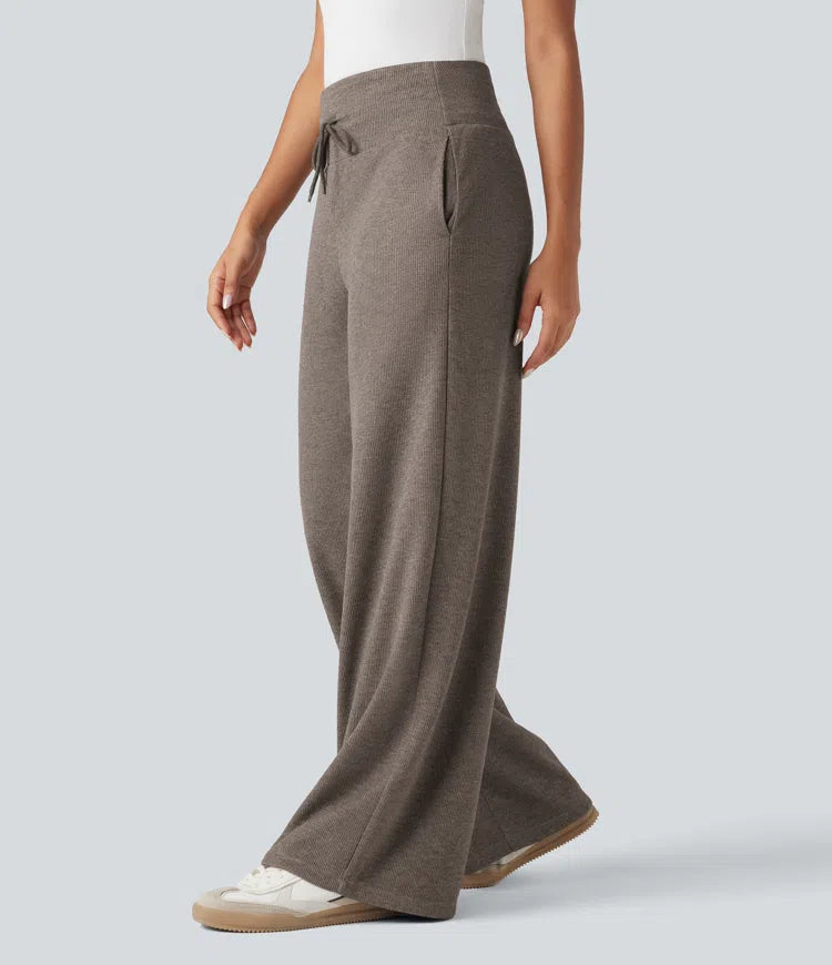 Ribbed Knit High Waisted Tummy Control Drawstring Casual Wide Leg Baggy Pants with Pockets