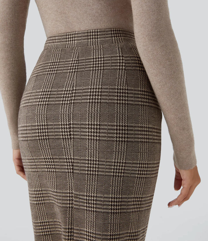 High Waisted Hem Houndstooth Plaid Work Pencil Skirt