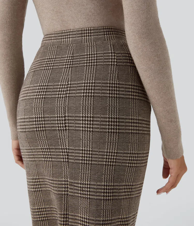 High Waisted Hem Houndstooth Plaid Work Pencil Skirt