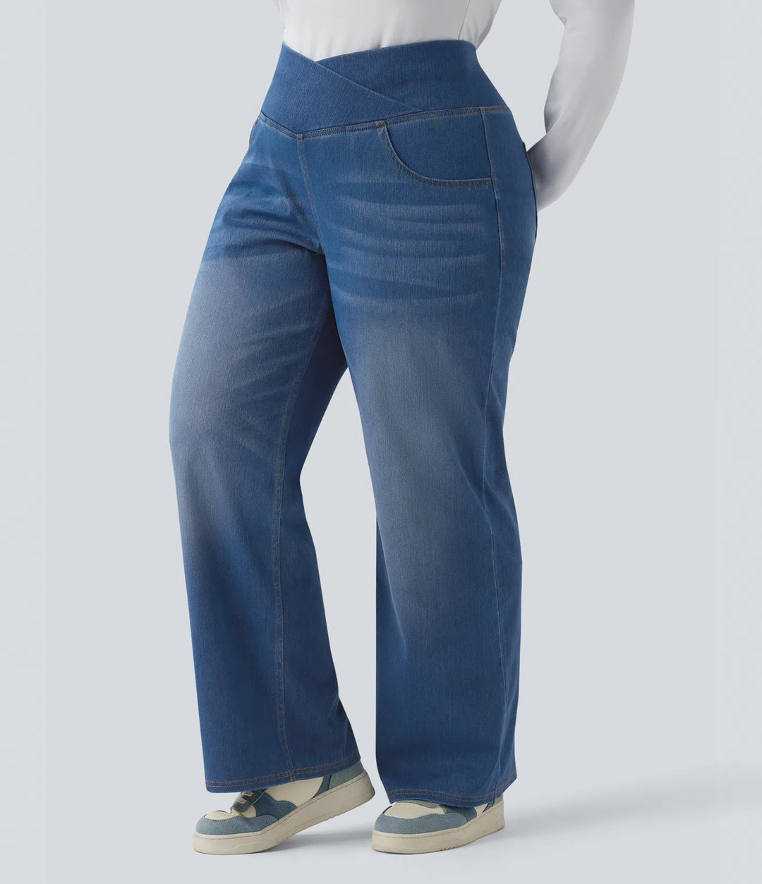 Halara Flex Crossover High Waisted Tummy Control Casual Straight Leg Plus Size Jeans with Pockets