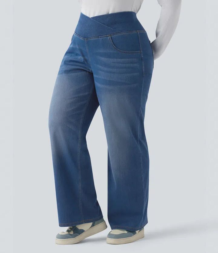 Halara Flex Crossover High Waisted Tummy Control Casual Straight Leg Plus Size Jeans with Pockets