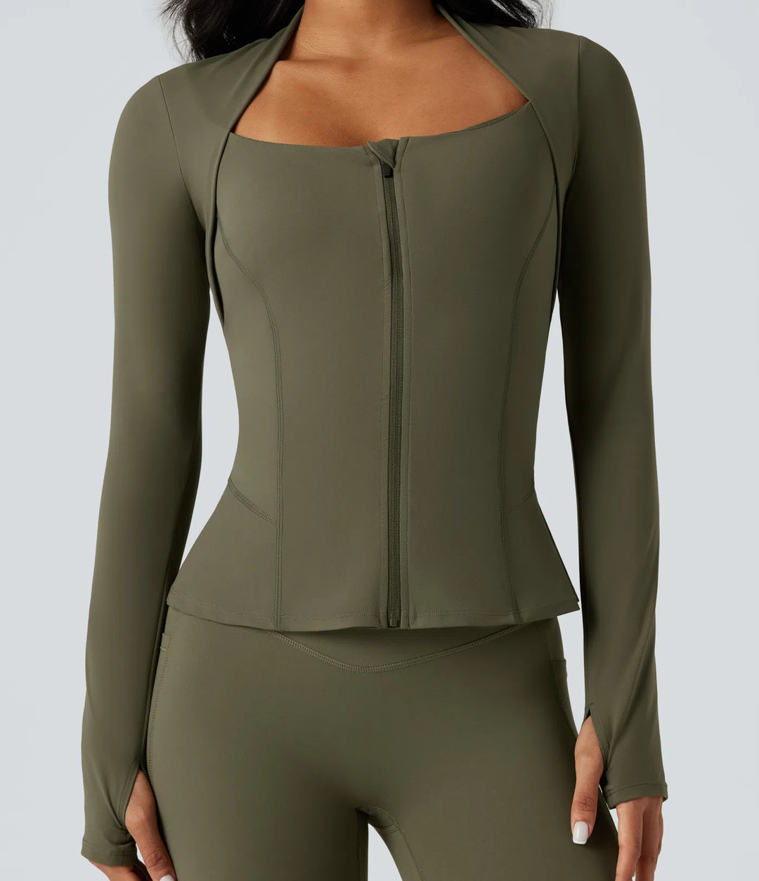 Halara UltraSculpt Push-Up Long Sleeve Thumb Hole Zipper Ruffle Hem Yoga Curvy Jacket