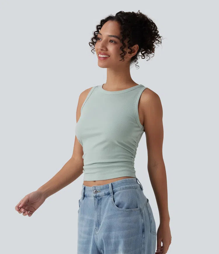 Ribbed Knit Round Neck Ruched Casual Tank Top