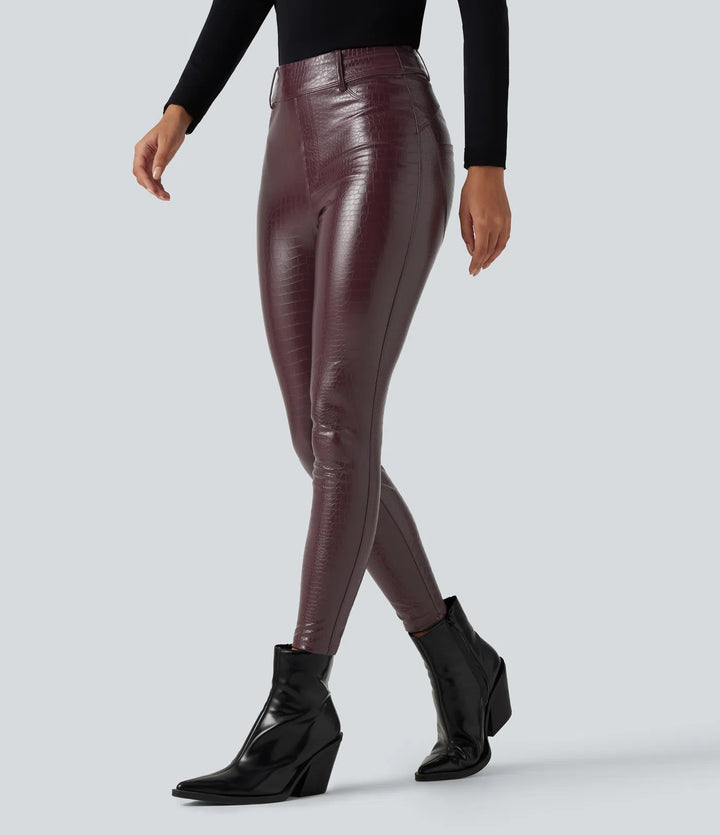 High Waisted Snakeskin Print Stretchy PU Fleece Casual Leggings with Pockets