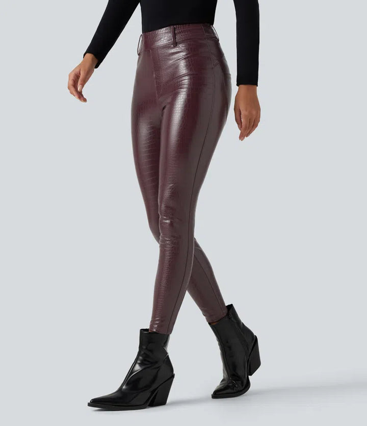 High Waisted Snakeskin Print Stretchy PU Fleece Casual Leggings with Pockets