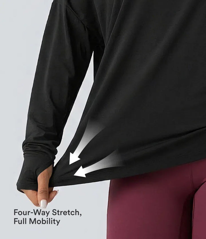 One Shoulder Long Sleeve Thumb Hole Curved Hem High Low Quick Dry Yoga Sports Top-Built-in Bra