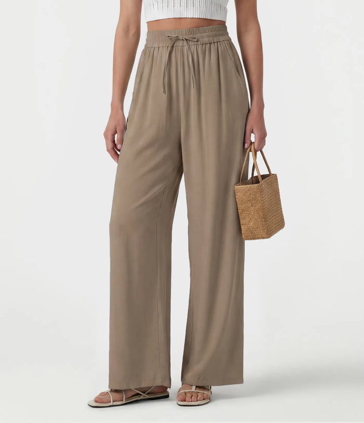 High Waisted Drawstring Wide Leg Casual Linen-Blend Pants with Pockets