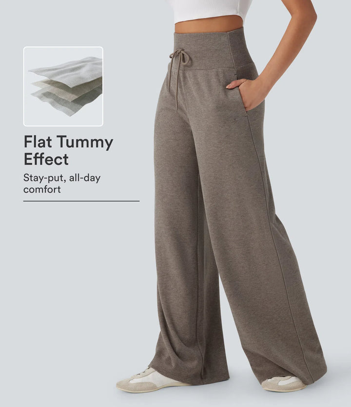 Ribbed Knit High Waisted Tummy Control Drawstring Casual Wide Leg Baggy Pants with Pockets