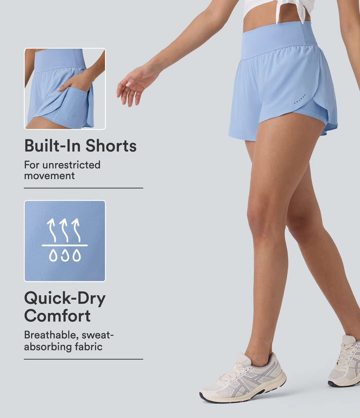 SoftlyZero QuickDry High Waisted Tummy Control Reflective Dots Crossover Hem 2-in-1 Running Shorts 3&